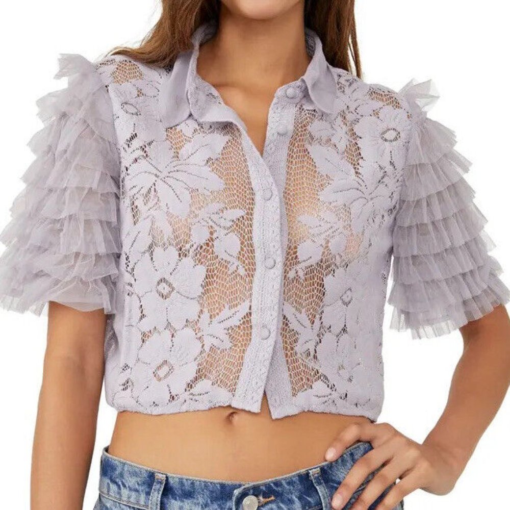 Free People Madonna Cropped Lace Blouse Ruffle Sleeves Top Small $98